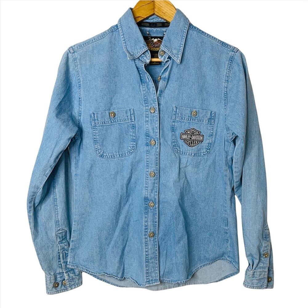 Harley Davidson Denim Button Down Logo Pocket Shirt Size S